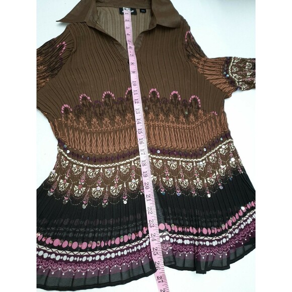 Avenue French Crinkle Pleated Button Blouse 14/16 Brown Sequins pink floral - Picture 8 of 11